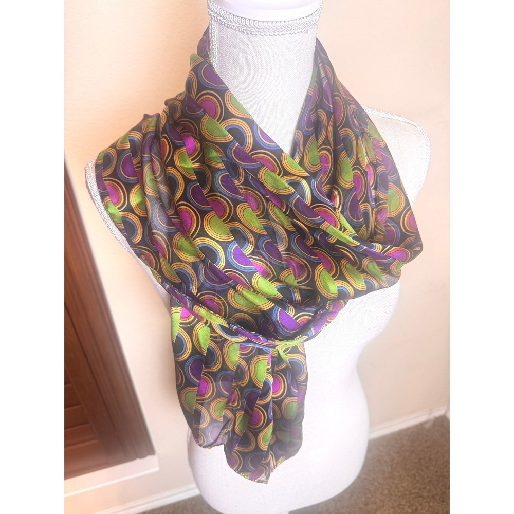 Cejon Colorful 100% Silk Scarf Psychedelic Geometric Circle Print Purple Green